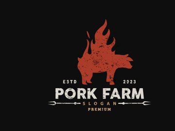 Pig Logo, Grilled Pork Pig Simple Rustic Stamp, Livestock Cattle Vector preview picture