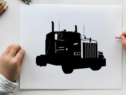 Silhouette of a semi truck against a white background