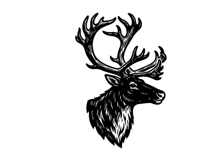 Reindeer head illustration, vintage style stag portrait for Christmas design projects.