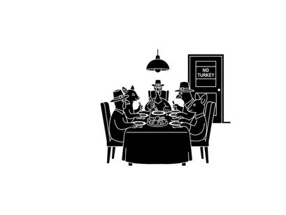 Silhouette of men in suits and hats at a formal dinner meeting