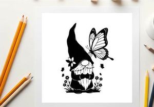 Black silhouette gnome with butterfly and flowers