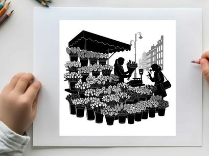 Silhouette of a flower vendor and customer on a city street