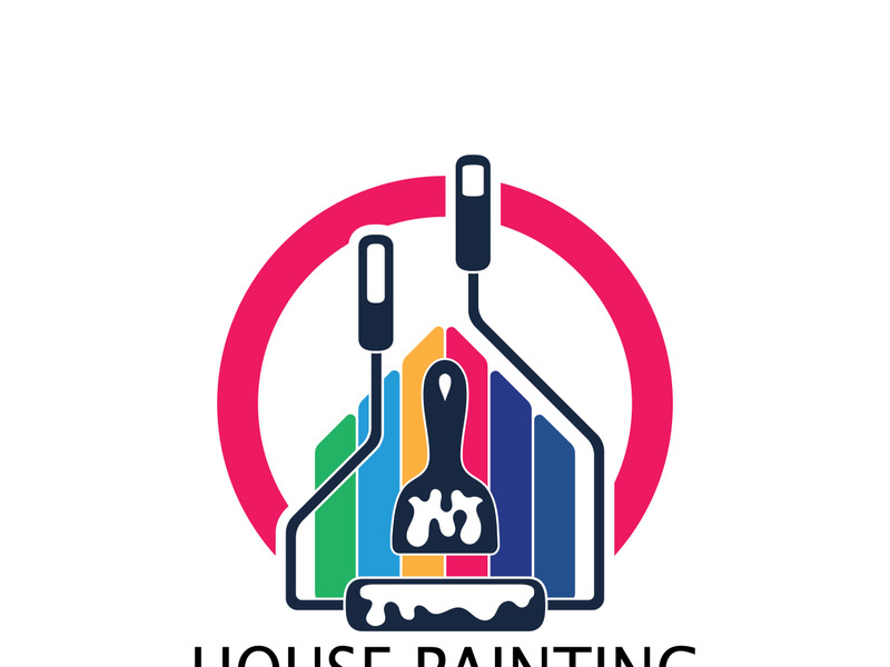 logo icon illustration house paint with a blend of brushes and rollers for house wall paint design, minimalist house, painting, interior, building, property business, wallpaper, vector concept