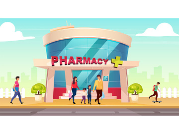 Pharmacy storefront flat color vector illustration preview picture