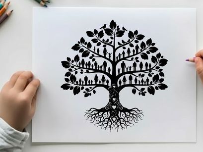 Family tree silhouette with roots and leaves illustration