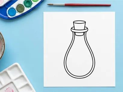 Empty glass laboratory bottle with stopper isolated on white. Minimalist scientific container for chemistry experiments and medical research.