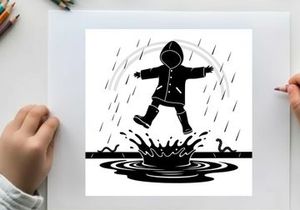 Silhouette of a child jumping in a puddle on a rainy day