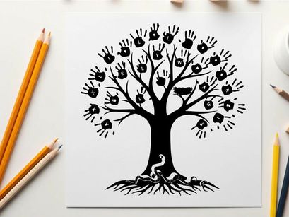 Silhouette of a tree with handprint leaves and a bird