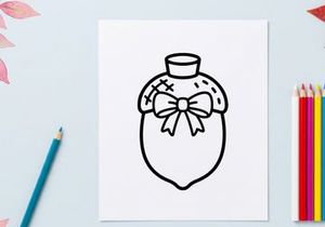 Acorn icon with a decorative bow. Simple line art illustration of a cute autumn nut.