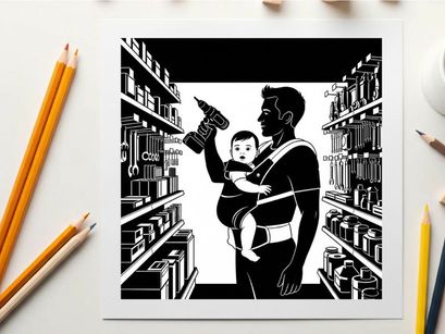Silhouette of a man holding a baby and a drill in a store