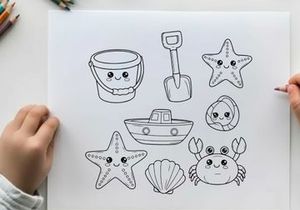 Cute sea animals and beach tools flat design vector illustration