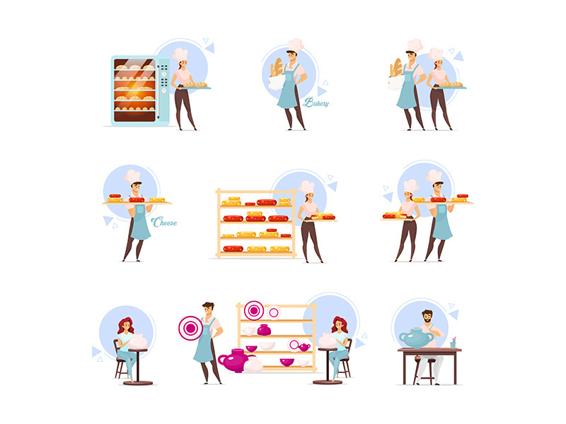 Cheesemaking, bakery and pottery flat vector illustrations set