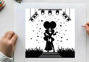 Silhouette of a performer on stage with spotlight and crowd
