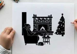 Cozy silhouette of man reading by christmas fireplace