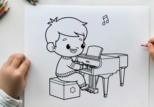 Child playing piano music joy vector illustration