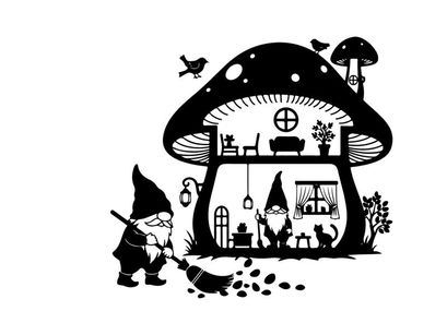 Whimsical silhouette of a gnome near a mushroom house with birds