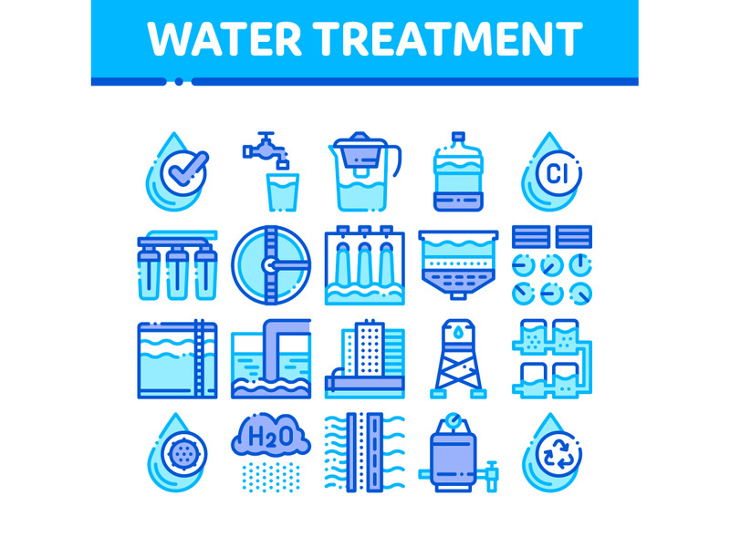 Water Treatment Items Vector Thin Line Icons Set