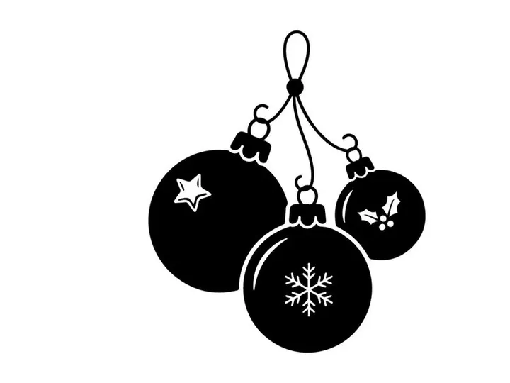 Black and white Christmas bauble ornaments icon with snowflake and star design