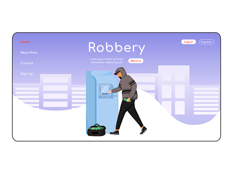 ATM robbery landing page flat color vector template