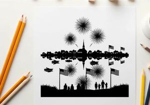 Patriotic silhouette of fireworks and flags on a white background