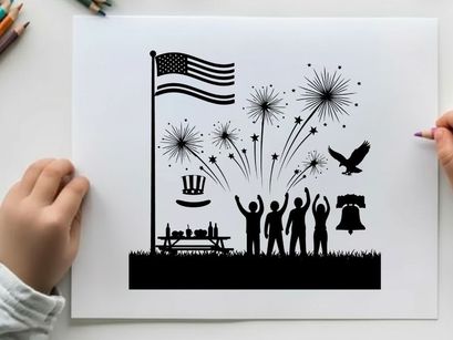 American independence day celebration silhouette with fireworks and flag