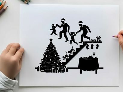 Christmas silhouette of family running up stairs to see gifts