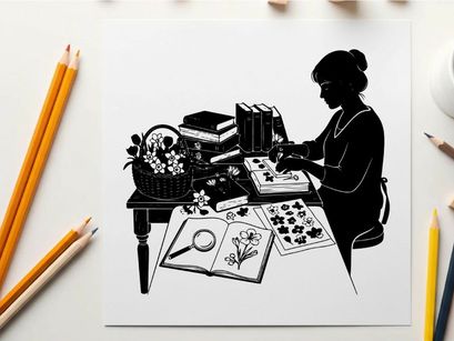Silhouette of woman studying flowers with books and magnifying glass