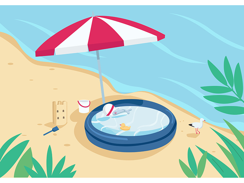 Inflatable pool and sun umbrella on sand beach flat color vector illustration