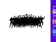 A group of people jumping and celebrating with raised arms in unison together