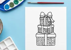 Stack of Christmas gift boxes with ribbons, black and white line art illustration.