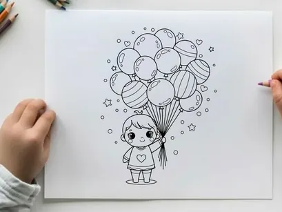 Child holding colorful balloons vector illustration flat design