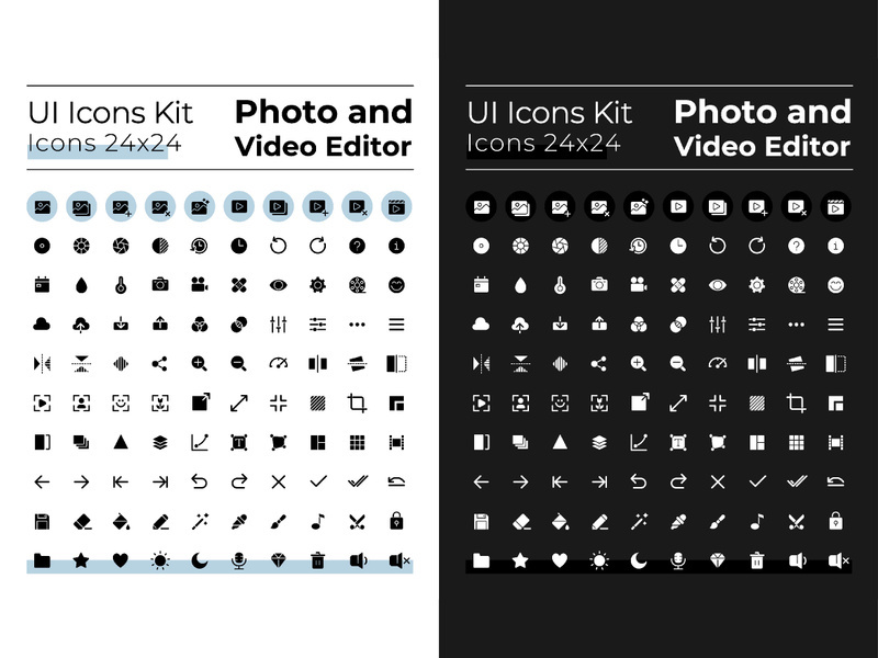 Photo and video editor white glyph ui icons set