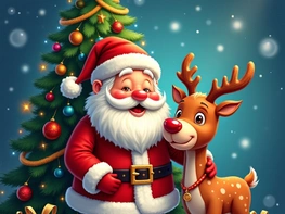A festive, jolly image of Santa with a reindeer, likely for an embroidery design. preview picture