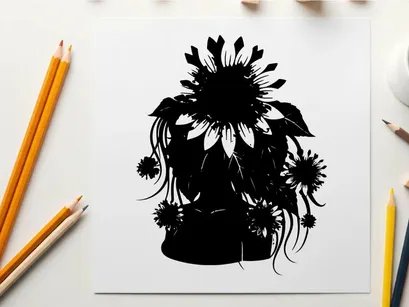 Silhouette of sunflowers in a vase on white background