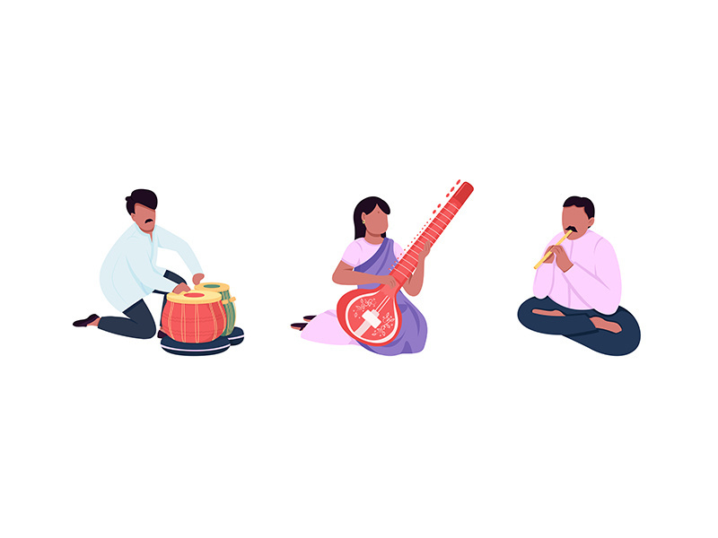 Traditional indian musicians flat color vector faceless character set