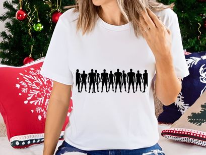 A row of standing human silhouettes in various poses on a white background