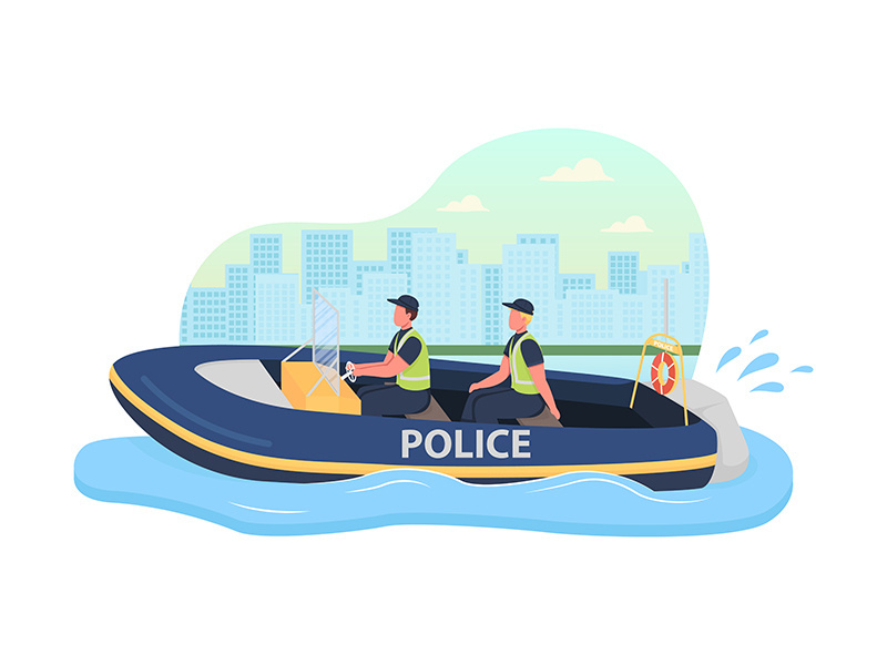 Police boat patrol 2D vector web banner, poster