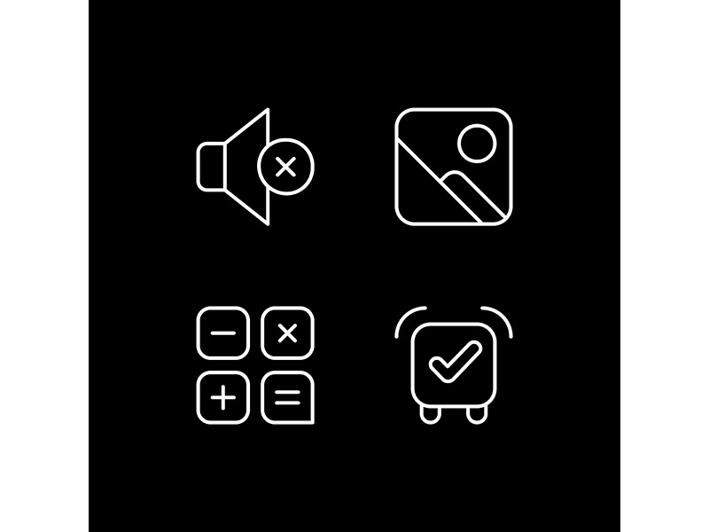 Smartphone interface white linear icons set for dark theme