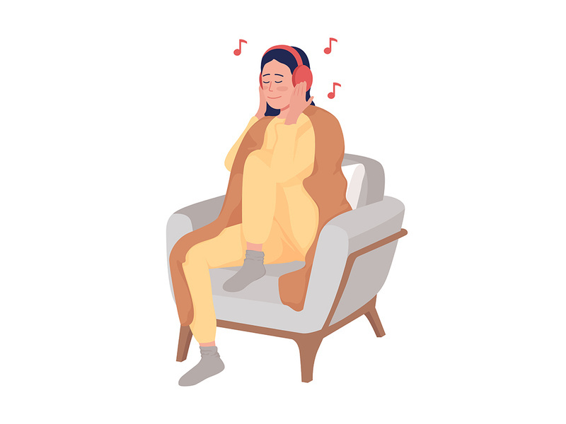 Girl listening to music semi flat color vector character