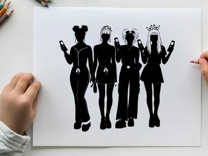 Four women in silhouette checking their phones together
