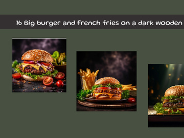 Big burger and french fries on a dark wooden board preview picture