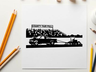 Truck towing tractor at county fair pull event silhouette