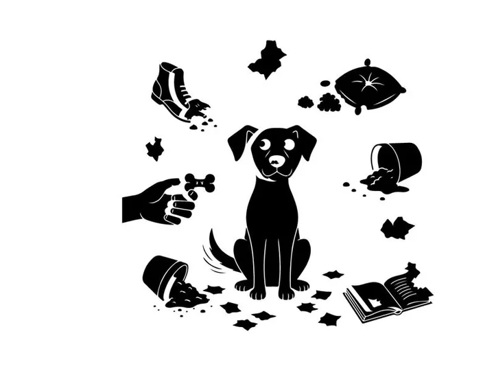 Silhouette of a dog surrounded by scattered items silhouette