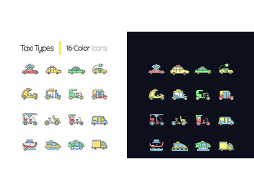 Taxi types light and dark theme RGB color icons set preview picture