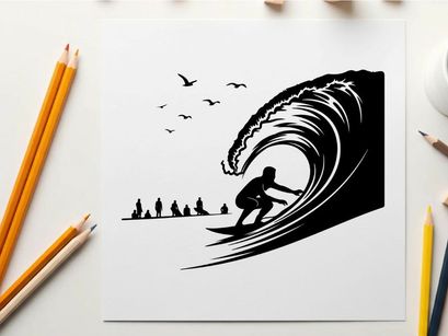 Surfer riding massive wave in silhouette style