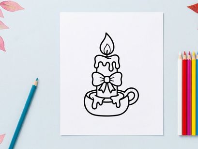 Hand-drawn Halloween candle with melting wax and decorative bow. Spooky holiday illustration featuring a lit taper for festive decor.