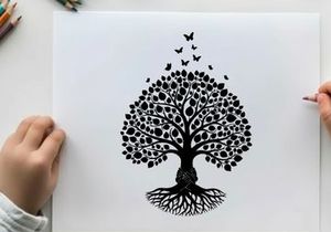 Silhouette of a tree with roots and butterflies flying away