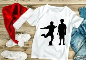 Two black silhouettes of boys playing soccer on a white background