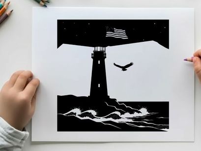 American lighthouse silhouette with flag and seagull at night