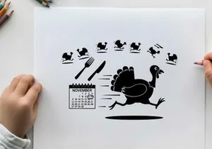 Black silhouette of a running turkey with utensils and calendar